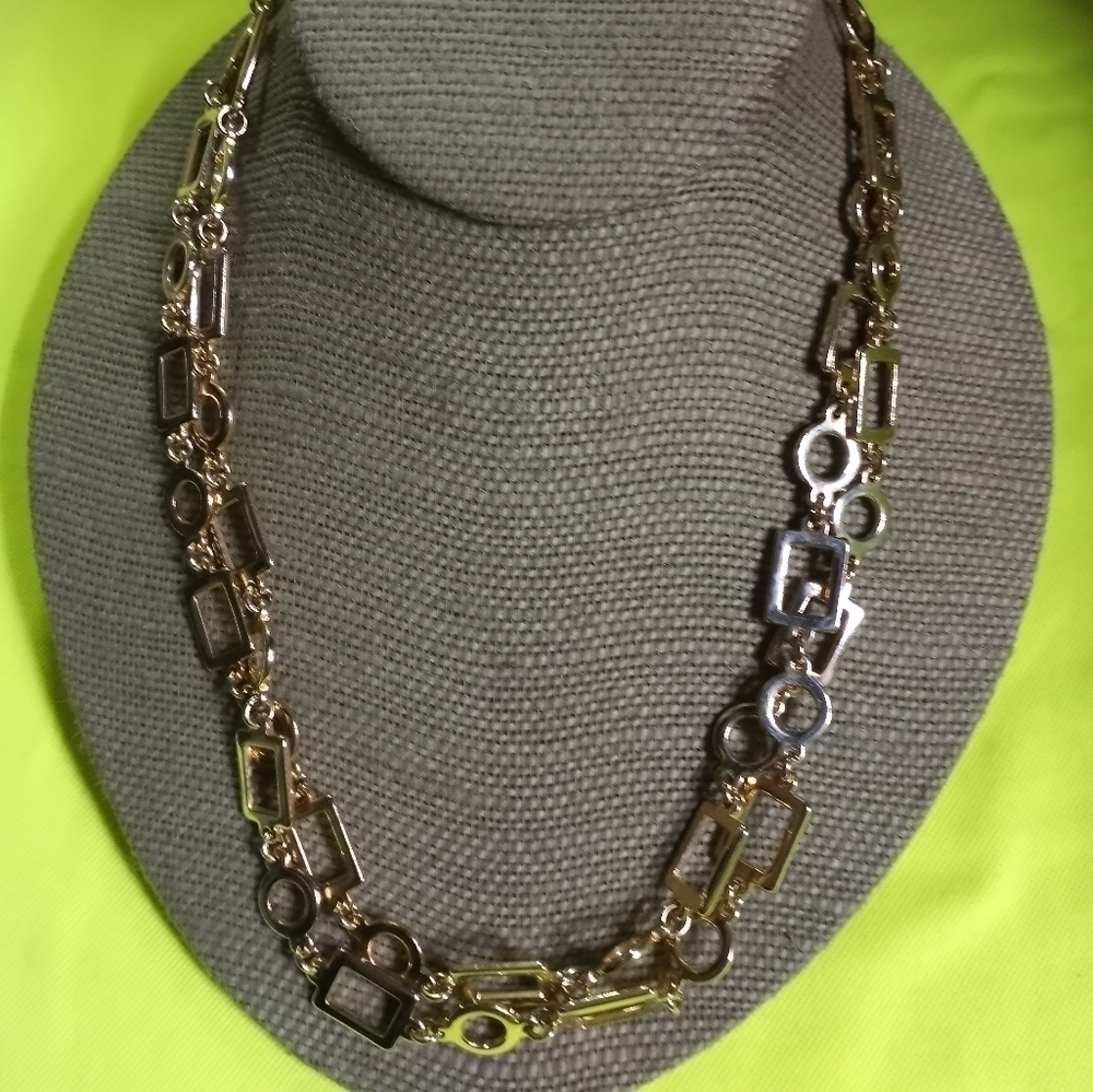 Goldtone very long 39 inches circles squares statement necklace